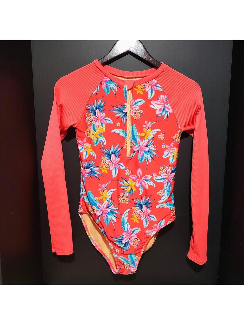 Girls / Ladies Rash Guard Swimsuit Coral Floral Long Sleeve Zip Size XL NO TAGS